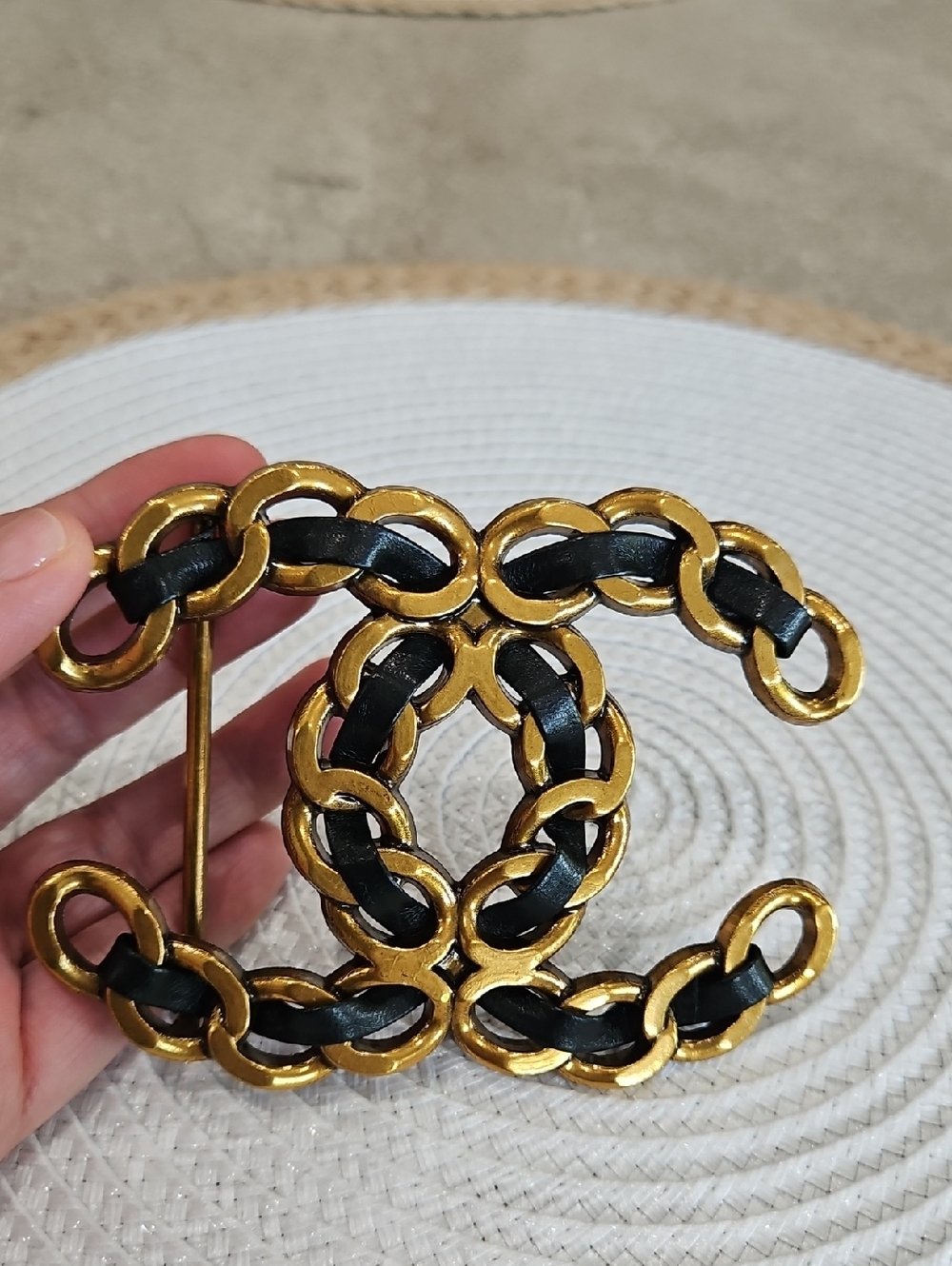 Gold and Black Interwoven Leather CC Belt Buckle Designer Style